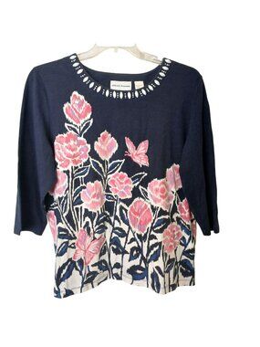 Alfred Dunner Womens L Floral Butterfly Embellished Top Navy Pink 3/4 Sleeve I-5